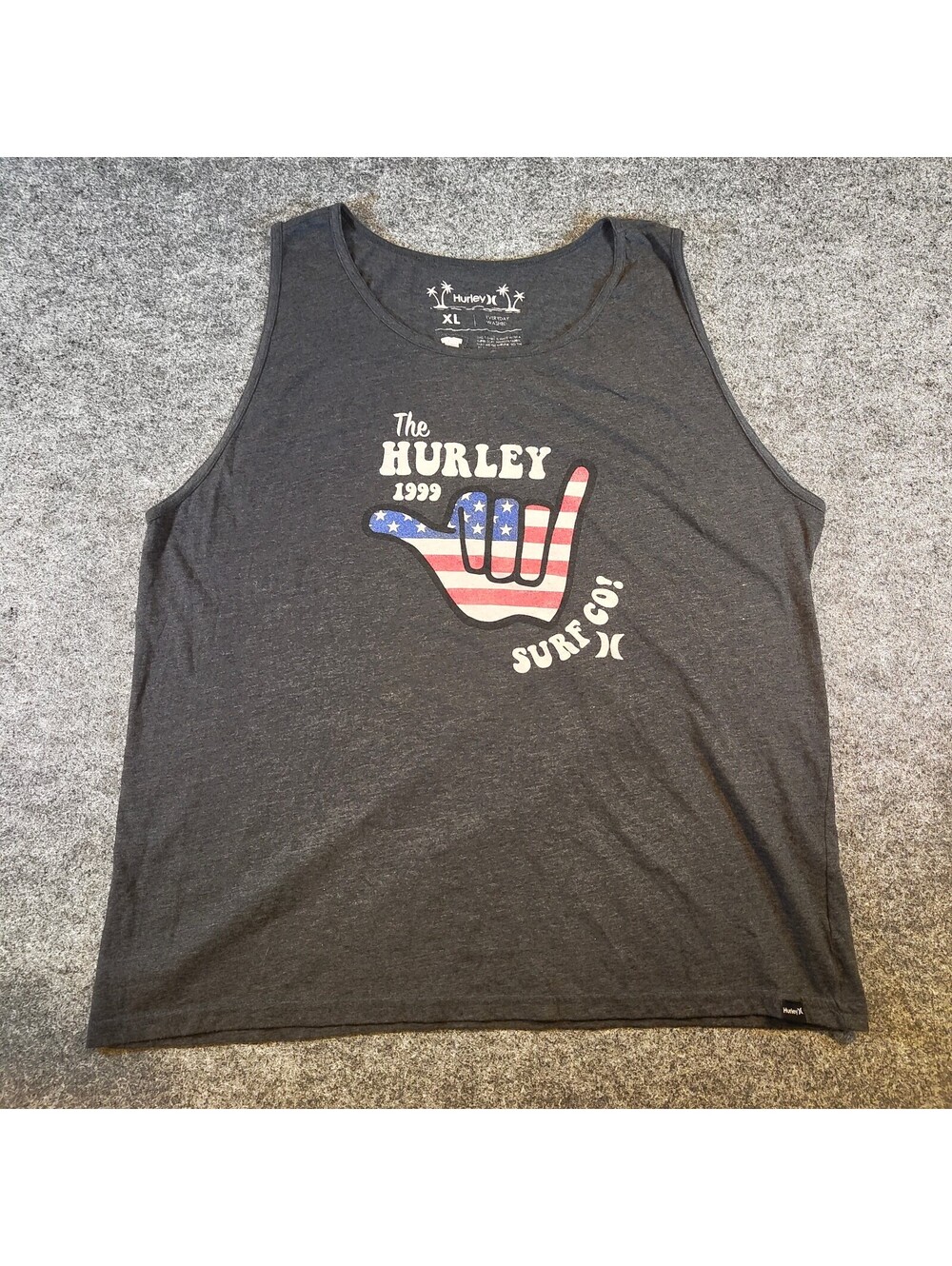 Hurley Surf Co 1999 US Flag Shaka Hand Graphic Tank Top Charcoal Gray Men's XL